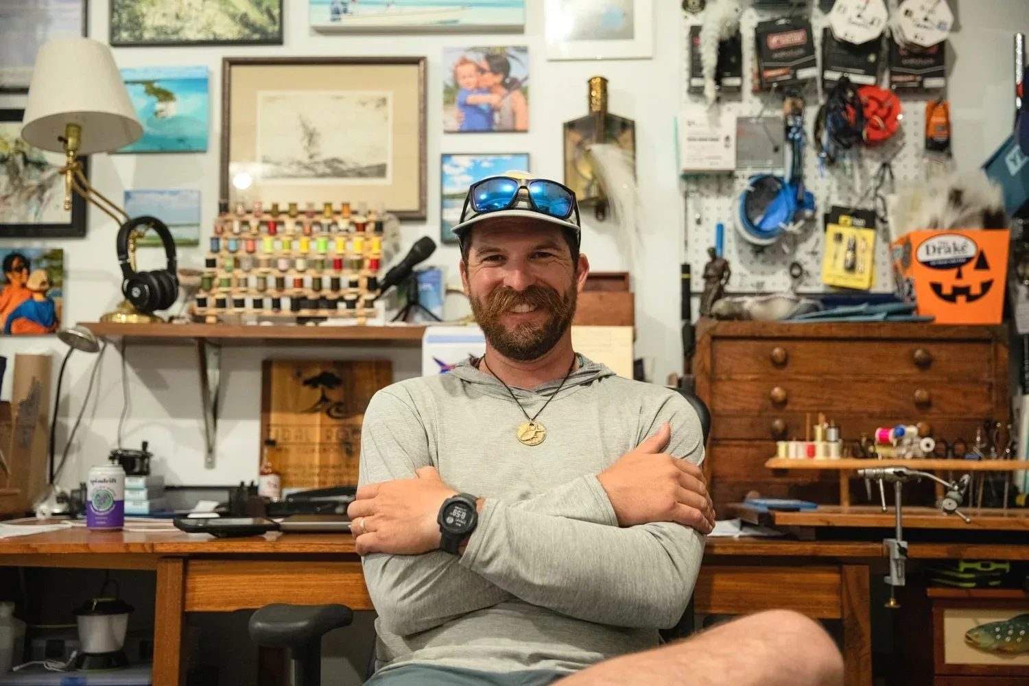 Kyle Schaefer in his tying room